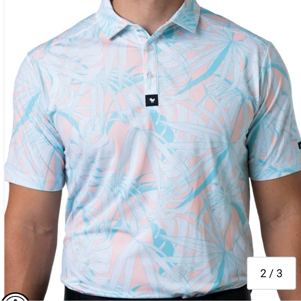 Bad Birdie Pink and Blue Tropical Polo Golf Shirt Men’s L